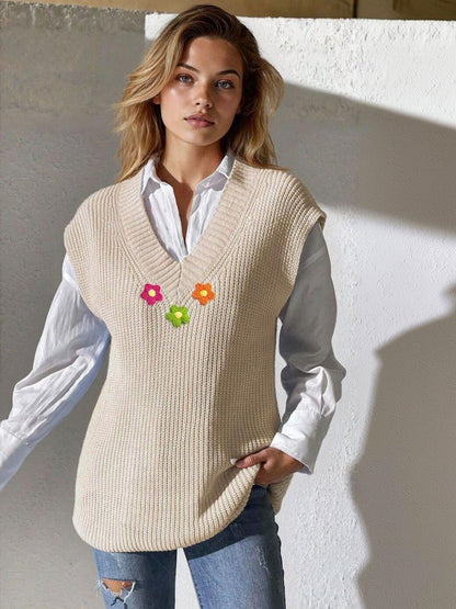 Ribbed Sweater Vest with Applique Detail in Beige acrylic - Nowi Korean Fashion