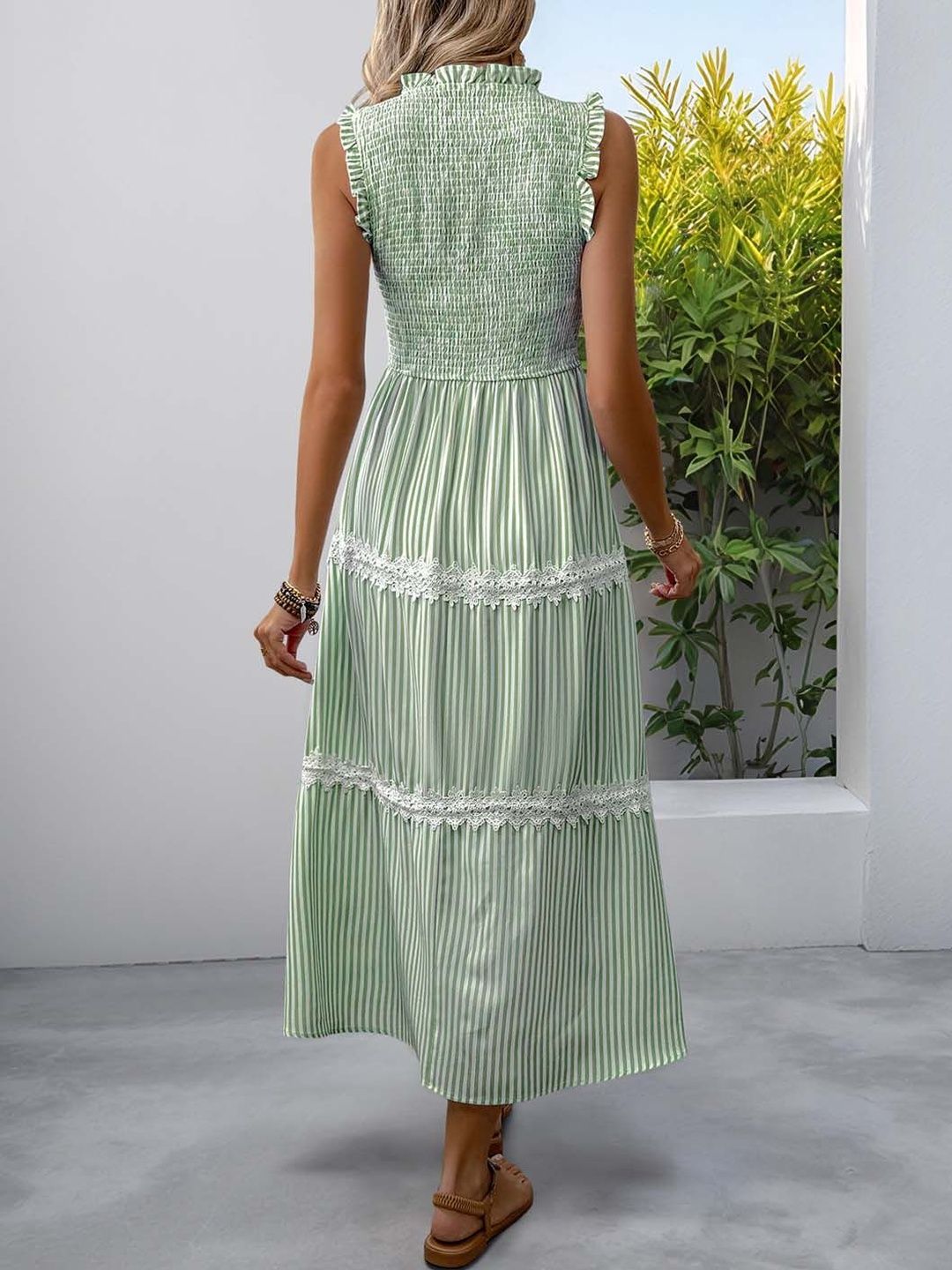Striped Flutter Sleeve A-Line Midi Dress