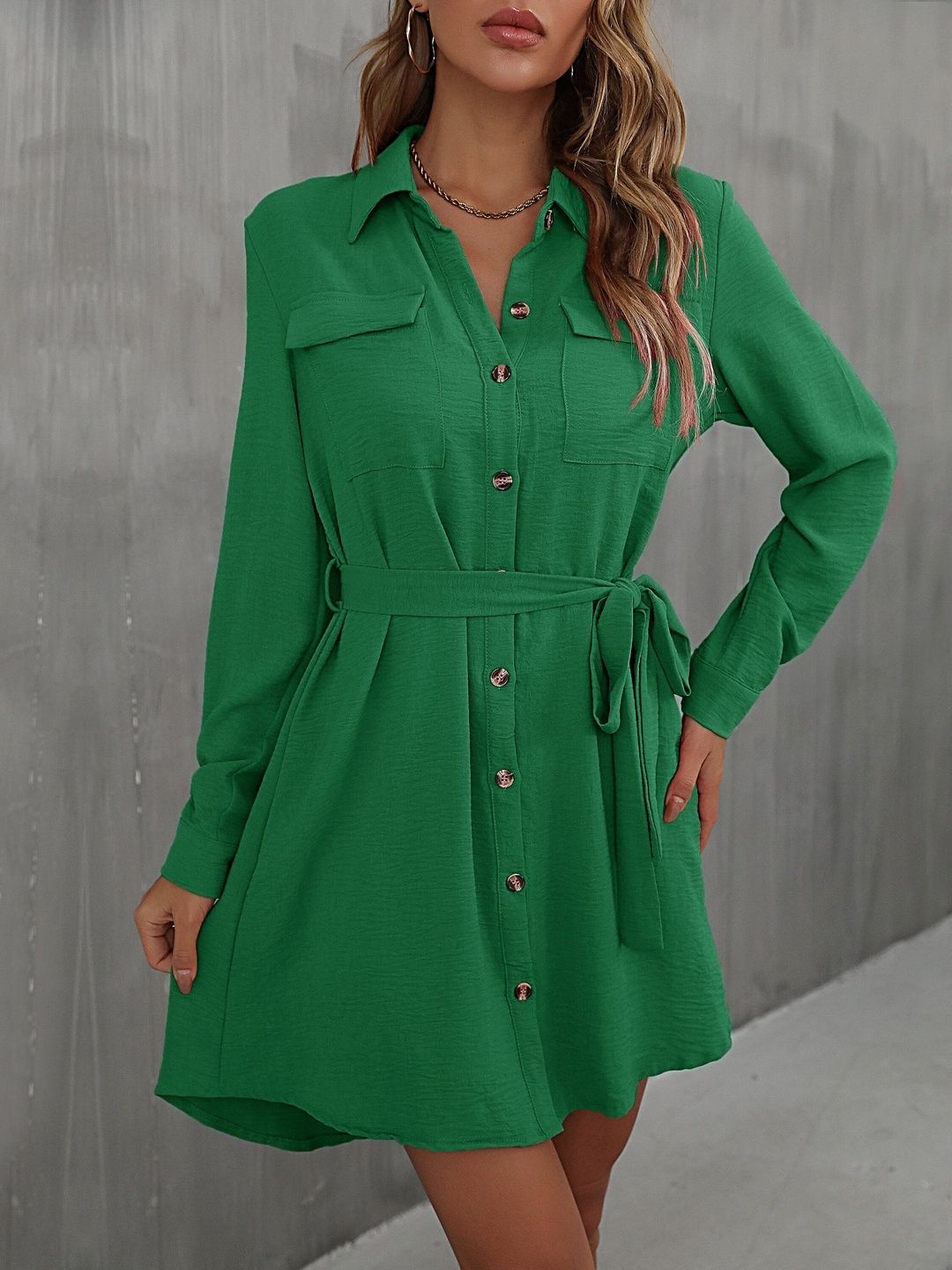 Women's Green Shirt Dress Blend Printed Regular Fit