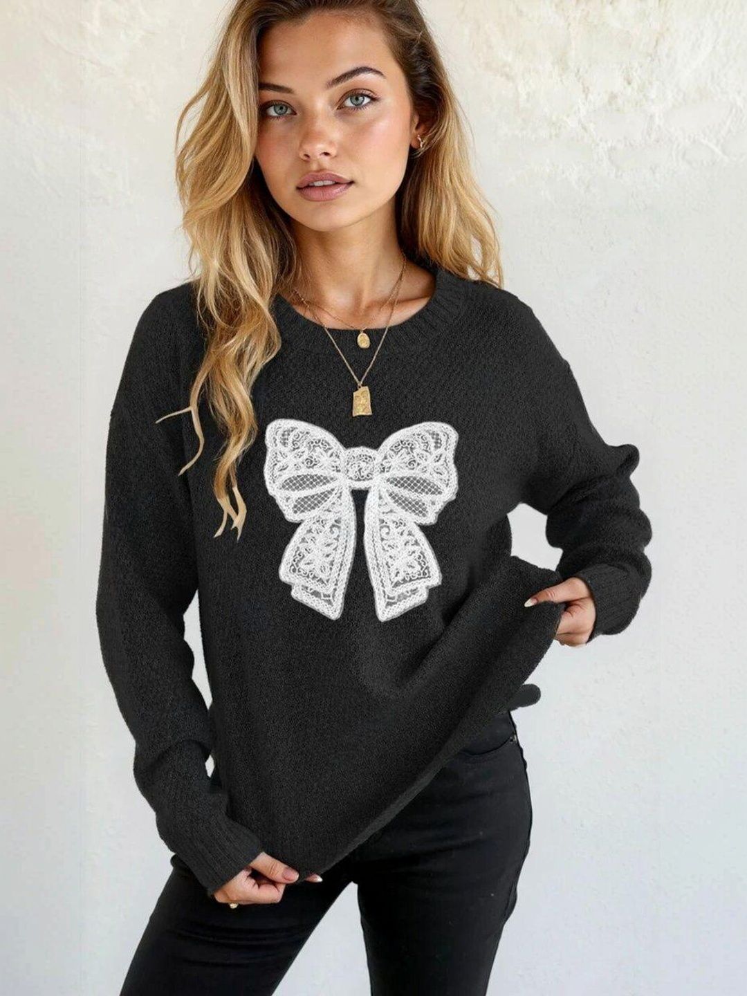 Embroidered Pullover with Embroidered Detail in Black acrylic Long Sleeve - Nowi Korean Fashion