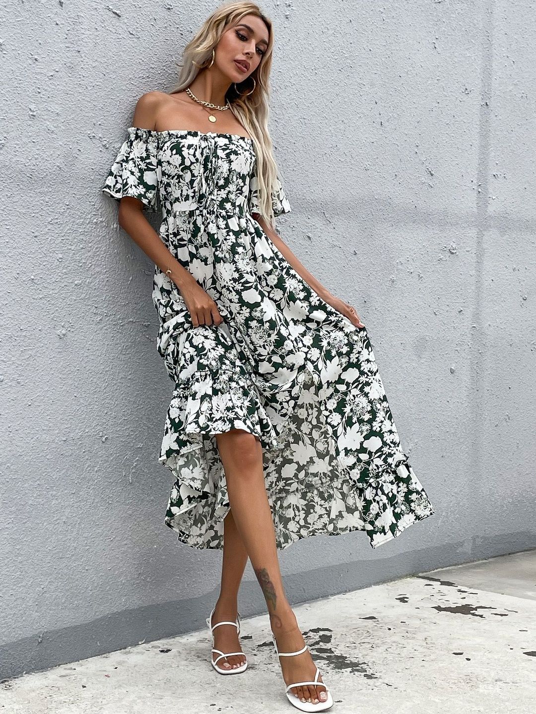 Floral Print Off-Shoulder Flared Sleeve A-Line Midi Dress