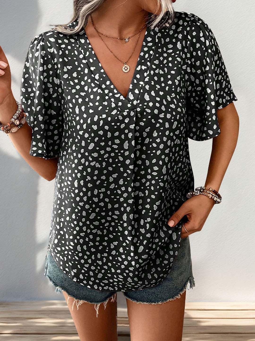 Women's Black Printed Flutter Sleeve Top