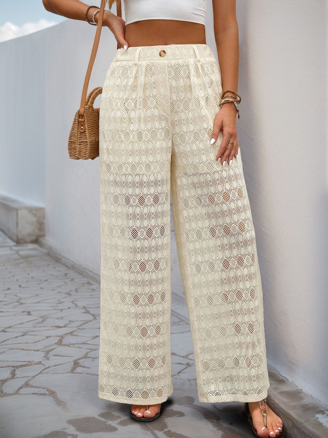 Women Textured Loose Fit High-Rise Non Iron Trousers