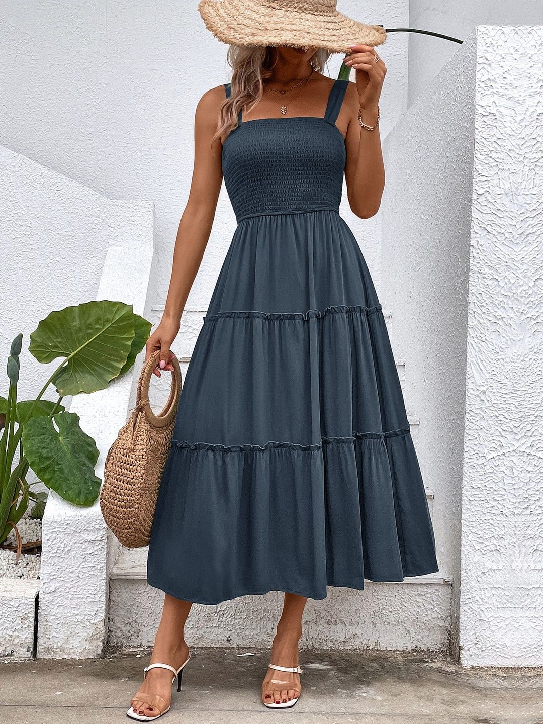 Midi Dress in Grey cotton - Nowi Korean Fashion