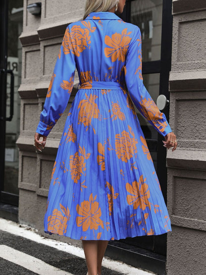 Women's Blue Floral Print A-Line Midi Dress Blend