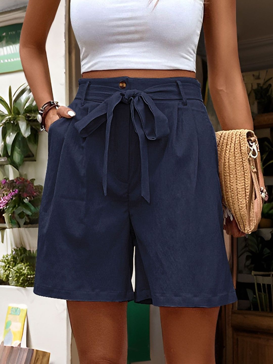 High-Rise Fashion Shorts in Blue cotton - Nowi Korean Fashion