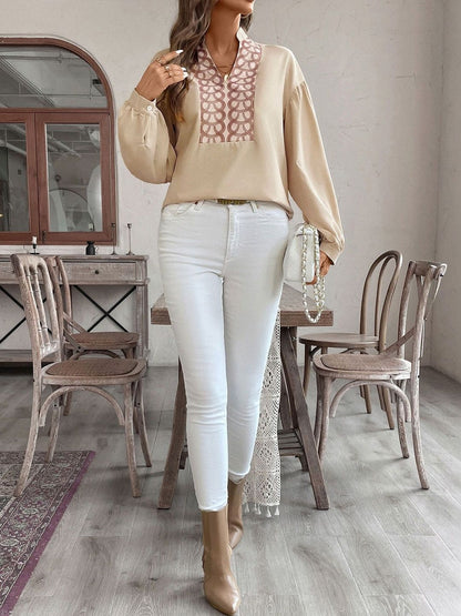 Geometric Print Bishop Sleeves Top in Beige - Nowi Korean Fashion