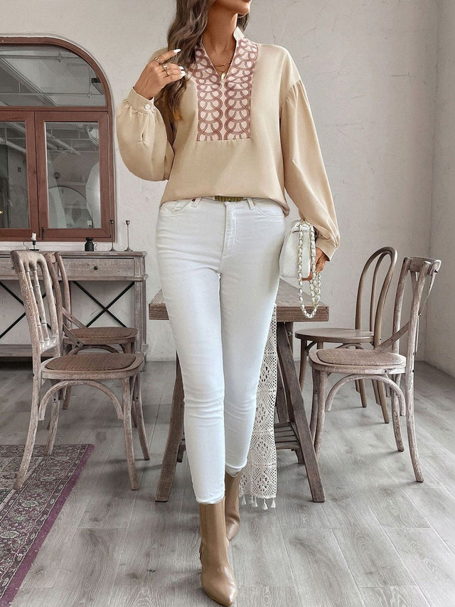 Geometric Print Bishop Sleeves Top in Beige - Nowi Korean Fashion