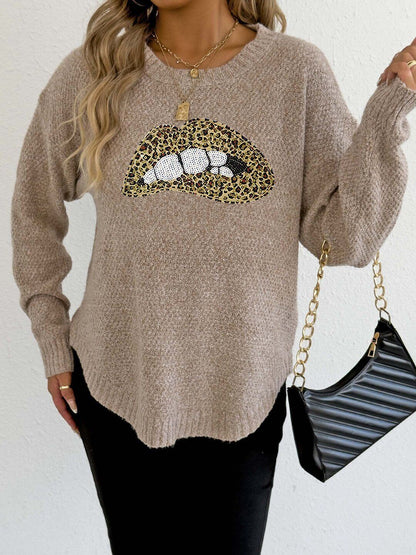 Animal Printed Pullover with Embellished Detail in Beige acrylic - Nowi Korean Fashion