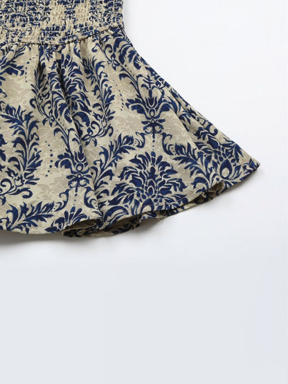 Women's Blue Floral Print Cotton Peplum Top
