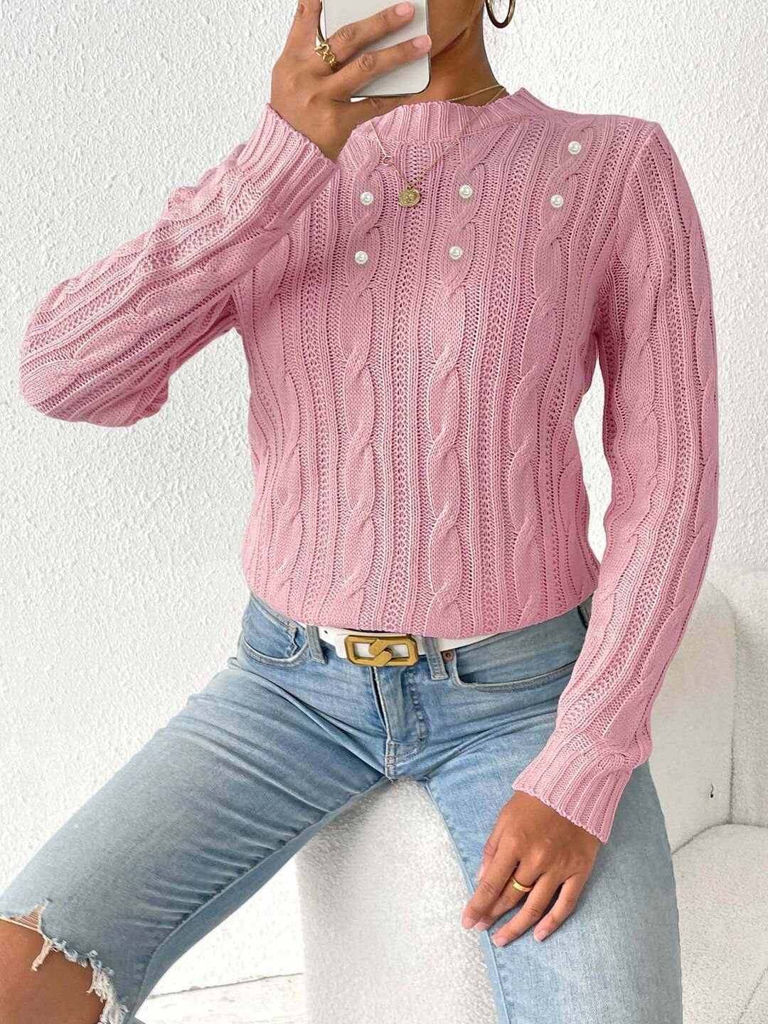 Women Cable Knit Pullover with Embellished Detail