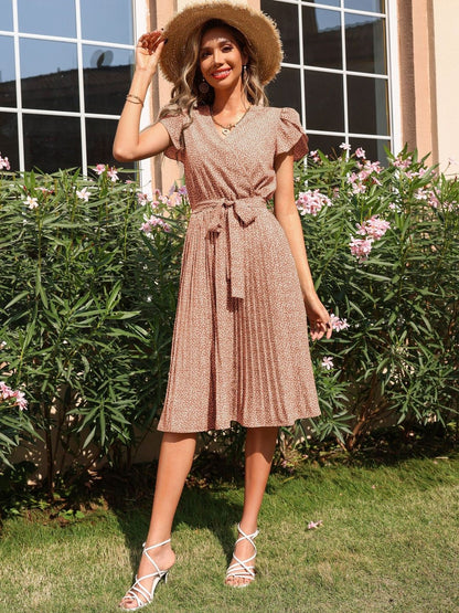Print Puff Sleeve Midi Dress Printed - Nowi Korean Fashion