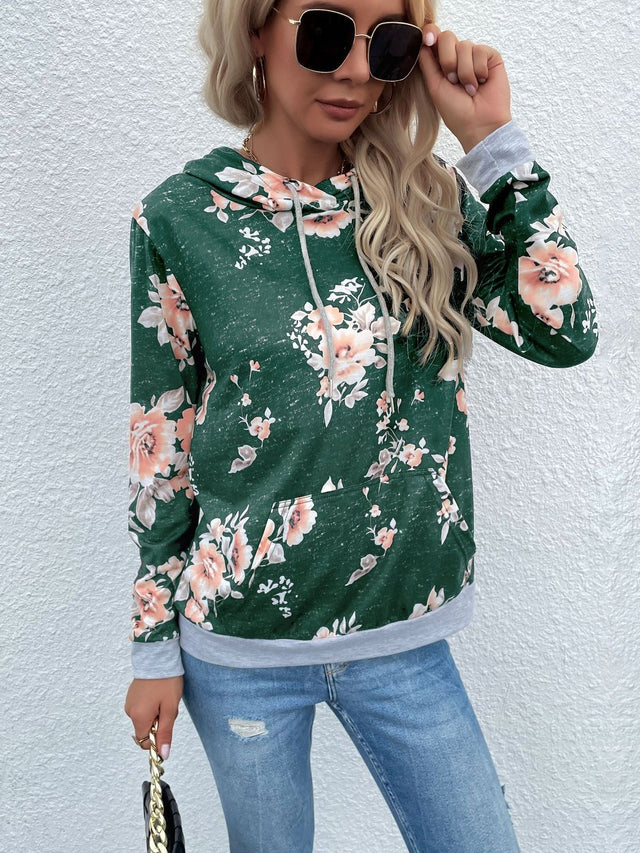 Printed Hooded Sweatshirt in Green Cotton - Nowi Korean Fashion