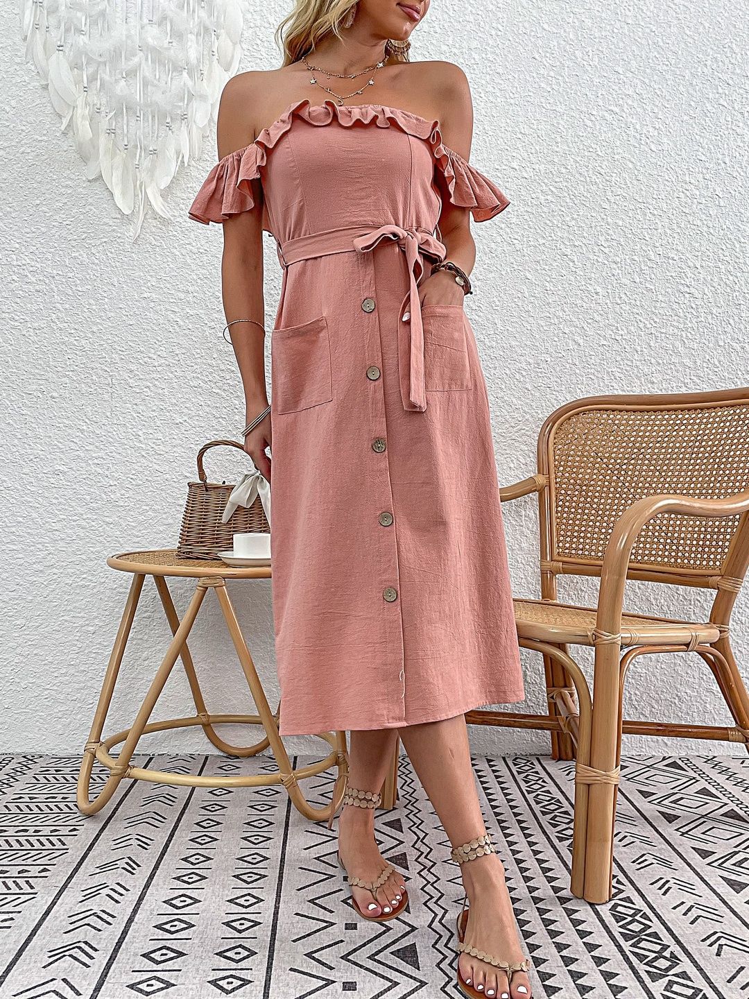 Off-Shoulder Flutter Sleeve Ruffled A-Line Midi Dress