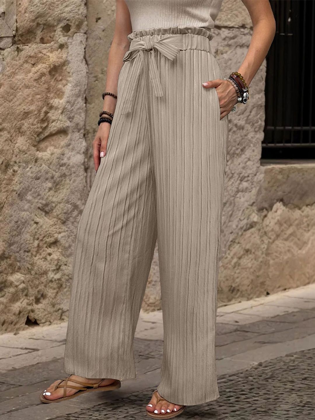 Women Textured Loose Fit High-Rise Non Iron Trousers