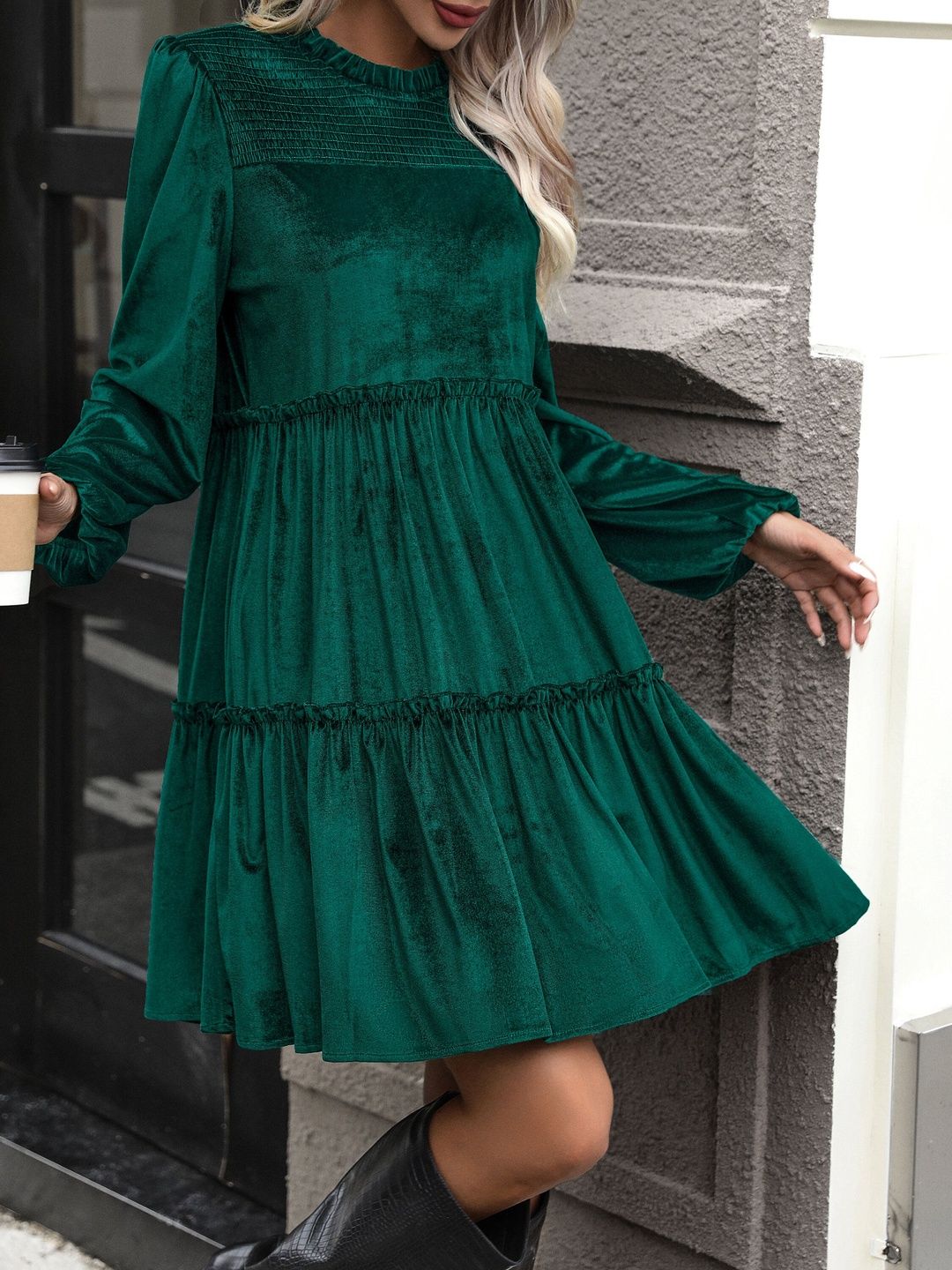 Women's Green Bishop Sleeve A-Line Dress