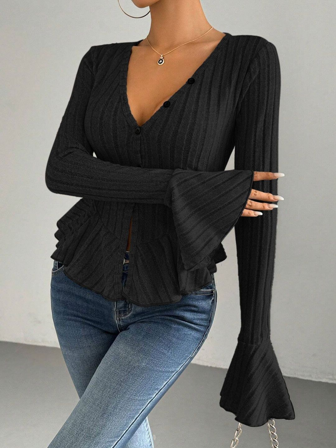 NOWI Bell Sleeve Cotton Peplum Top