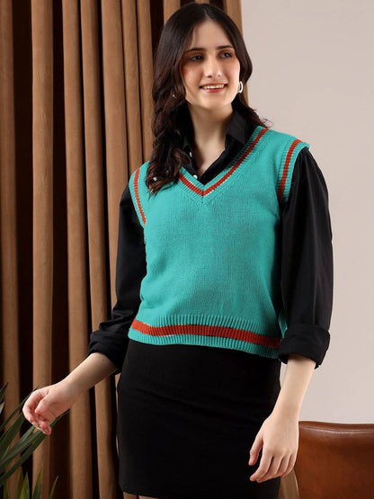 Women Striped Woollen Crop Sweater Vest