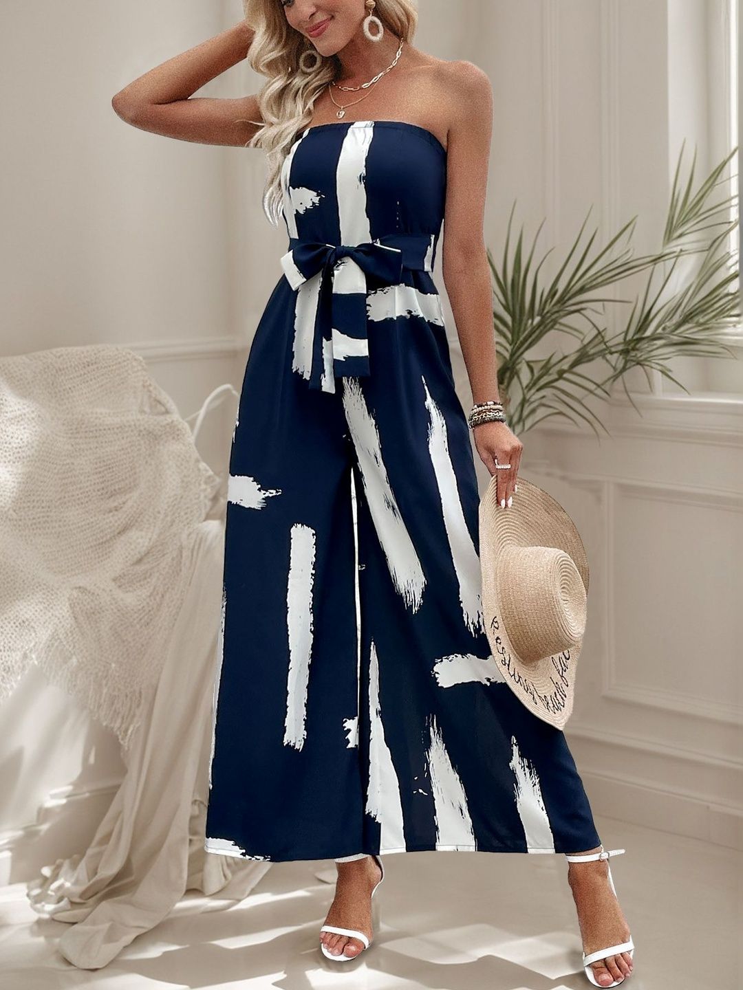 Strapless Printed Basic Jumpsuit in Blue polyester - Nowi Korean Fashion