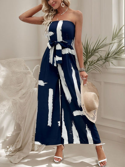 Strapless Printed Basic Jumpsuit in Blue polyester - Nowi Korean Fashion
