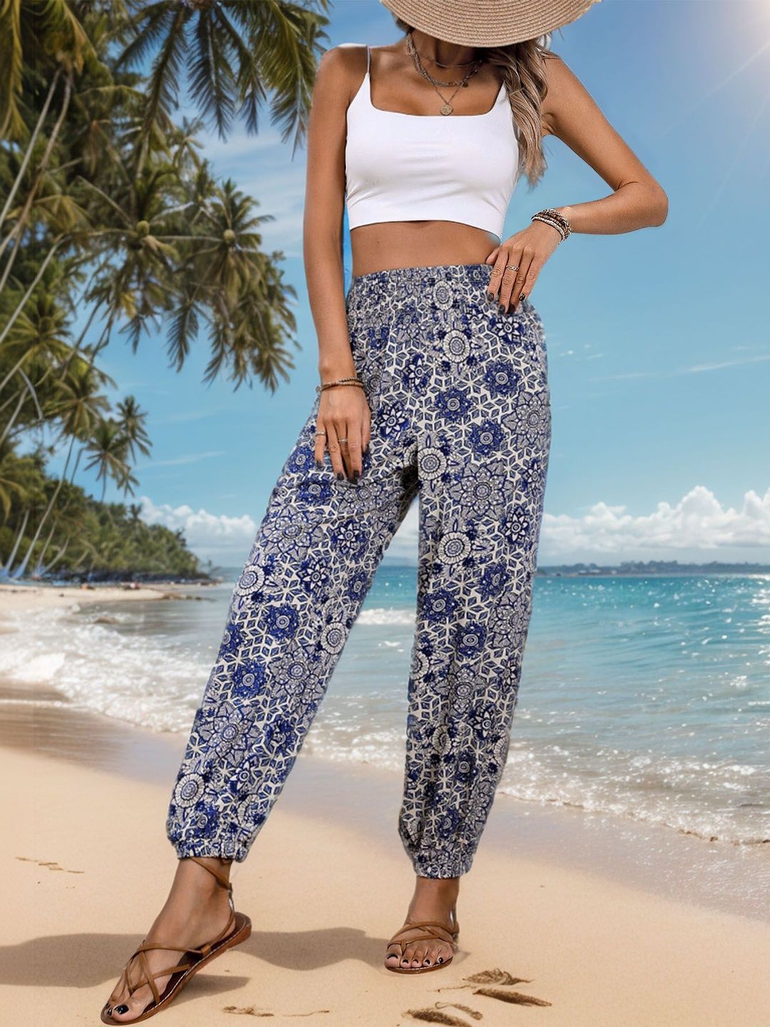 Printed Loose Fit Non Iron Trousers in Blue cotton - Nowi Korean Fashion
