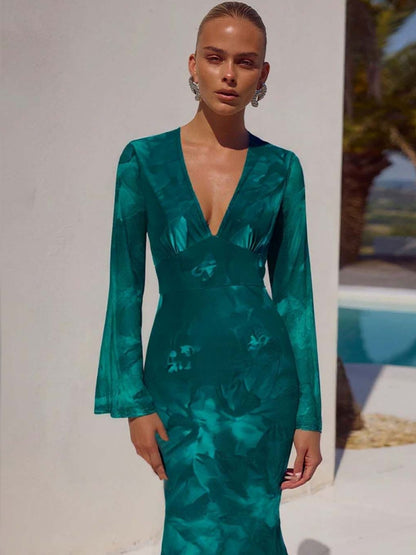 Tie and Dye Dyed Flared Sleeve Sheath Maxi Dress