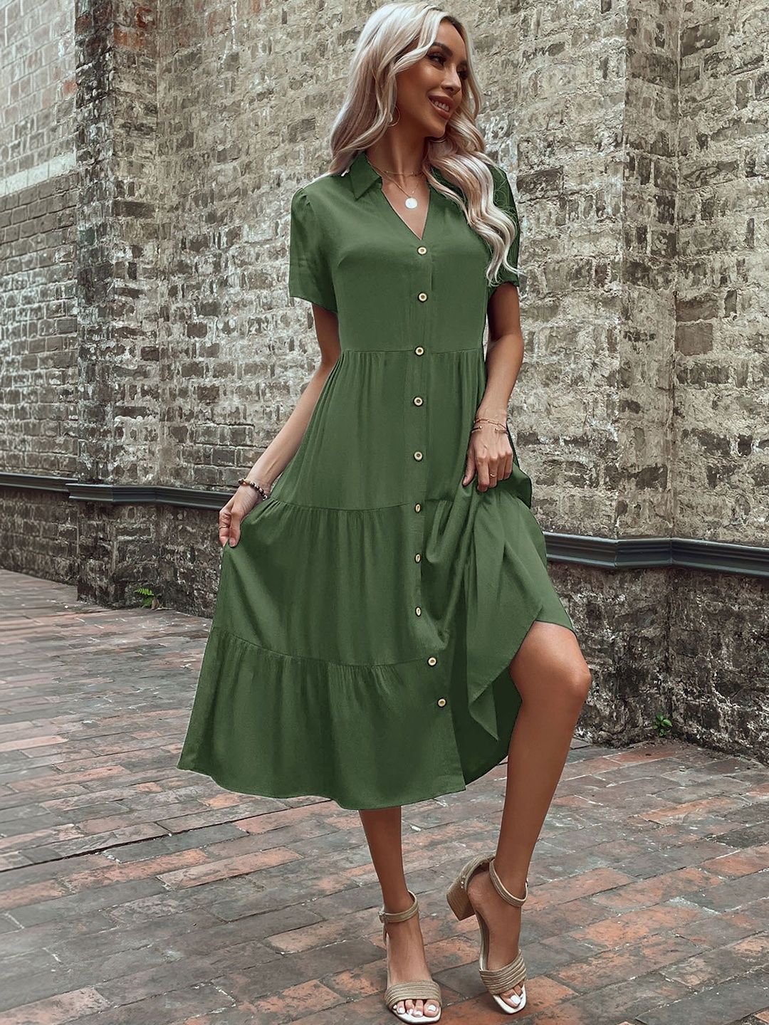 Shirt Midi Dress Short Sleeve - Nowi Korean Fashion