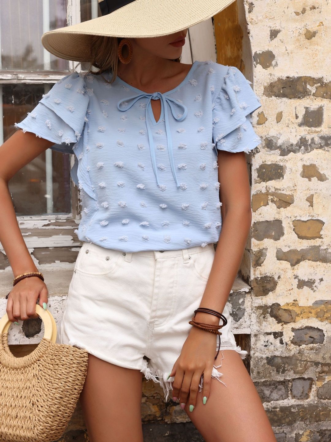 Tie-Up Neck Flutter Sleeve Cotton Top