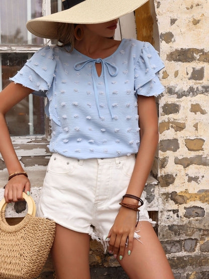 Tie-Up Neck Flutter Sleeve Cotton Top
