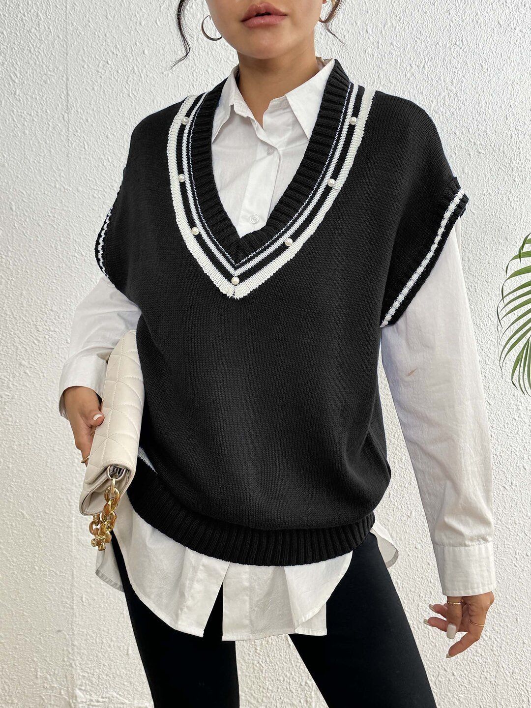 Women Striped Sweater Vest with Embellished Detail