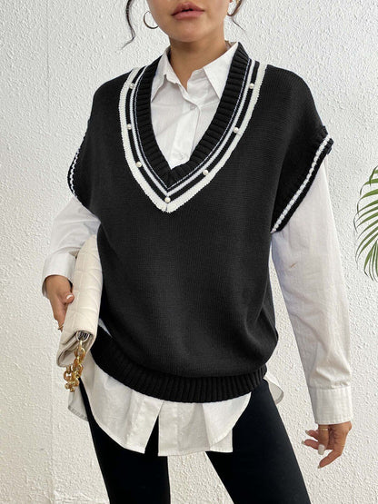 Women Striped Sweater Vest with Embellished Detail