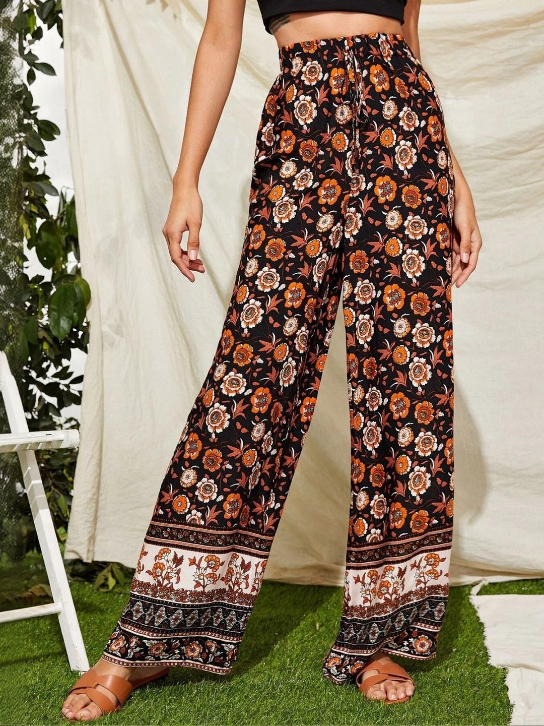 NOWI Women Floral Printed High-Rise Loose Fit Wide Leg Trousers