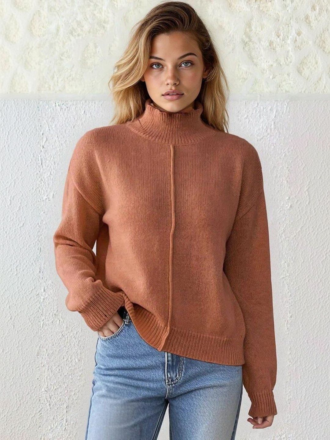 Pullover in Brown acrylic Long Sleeve - Nowi Korean Fashion