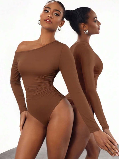 One Shoulder Bodysuit in Brown polyester - Nowi Korean Fashion