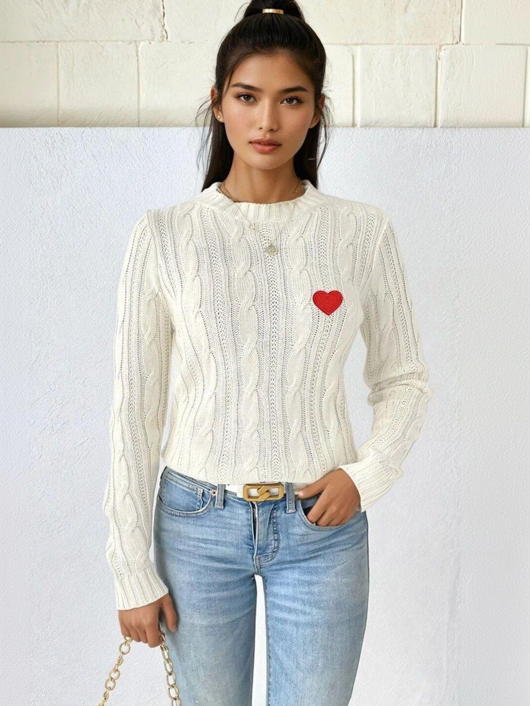 Cable Knit Pullover with Embroidered Detail in White acrylic - Nowi Korean Fashion