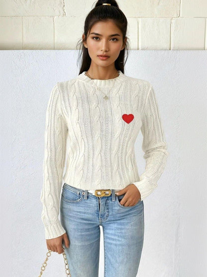 Cable Knit Pullover with Embroidered Detail in White acrylic - Nowi Korean Fashion