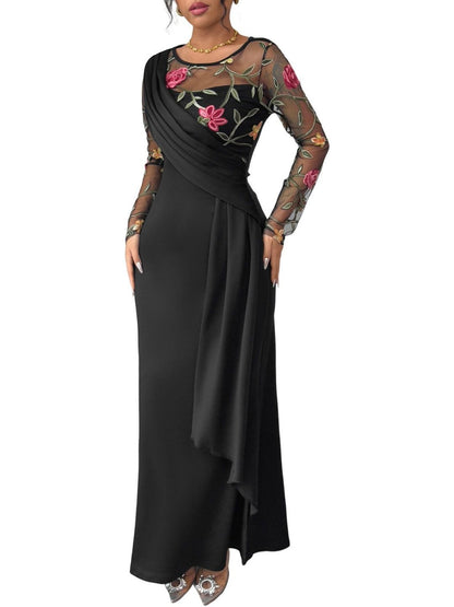 Women's Black Floral Embroidered Sheath Maxi Dress