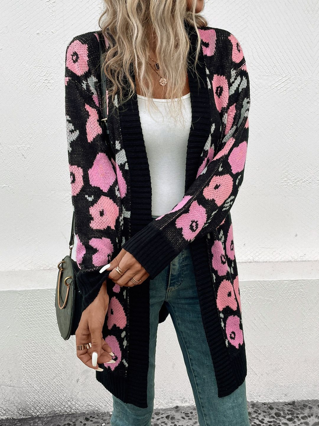 Floral Printed Cardigan in Black Style 642 - Nowi Korean Fashion