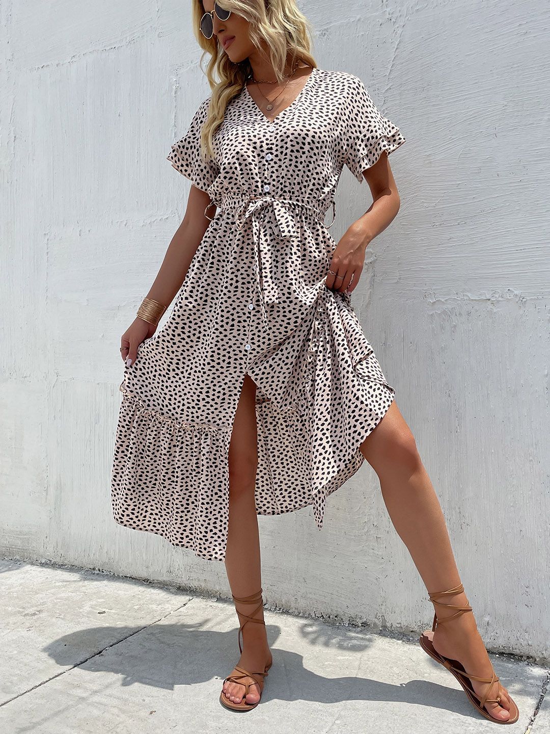 Animal Print Flutter Sleeve Midi Dress