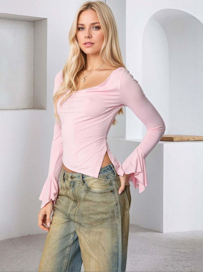 Cowl Neck Flared Sleeve Top in Pink polyester - Nowi Korean Fashion