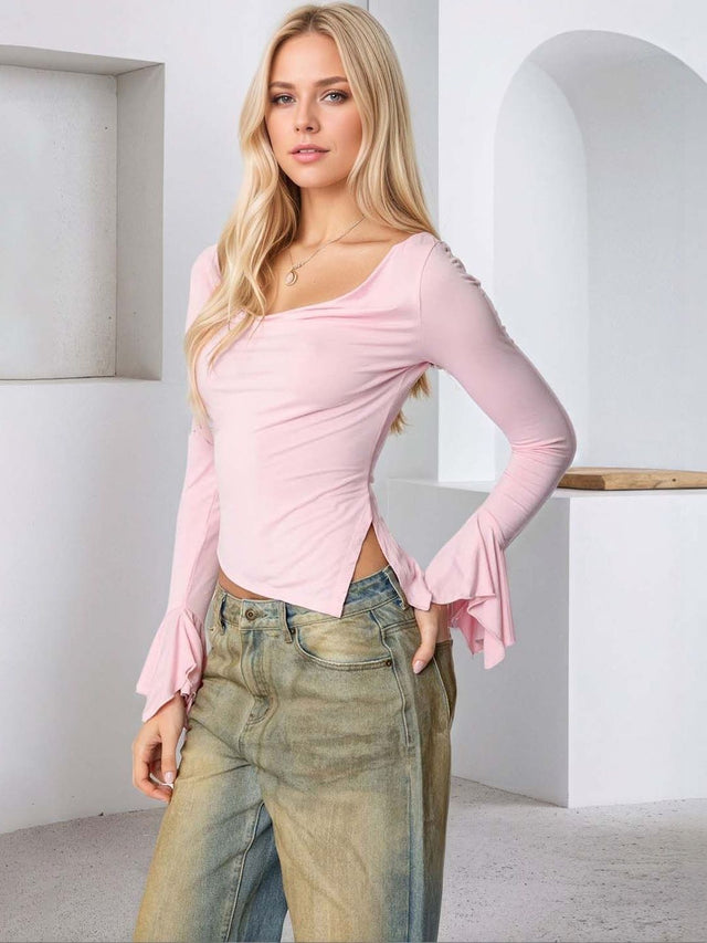 Cowl Neck Flared Sleeve Top in Pink polyester - Nowi Korean Fashion