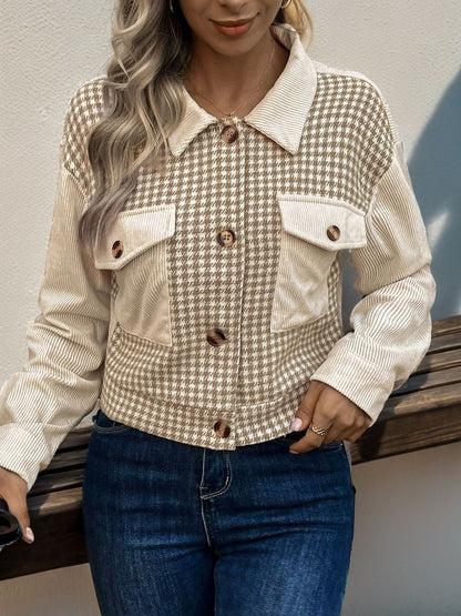 Women's Beige Geometric Checked Corduroy Denim Jacket