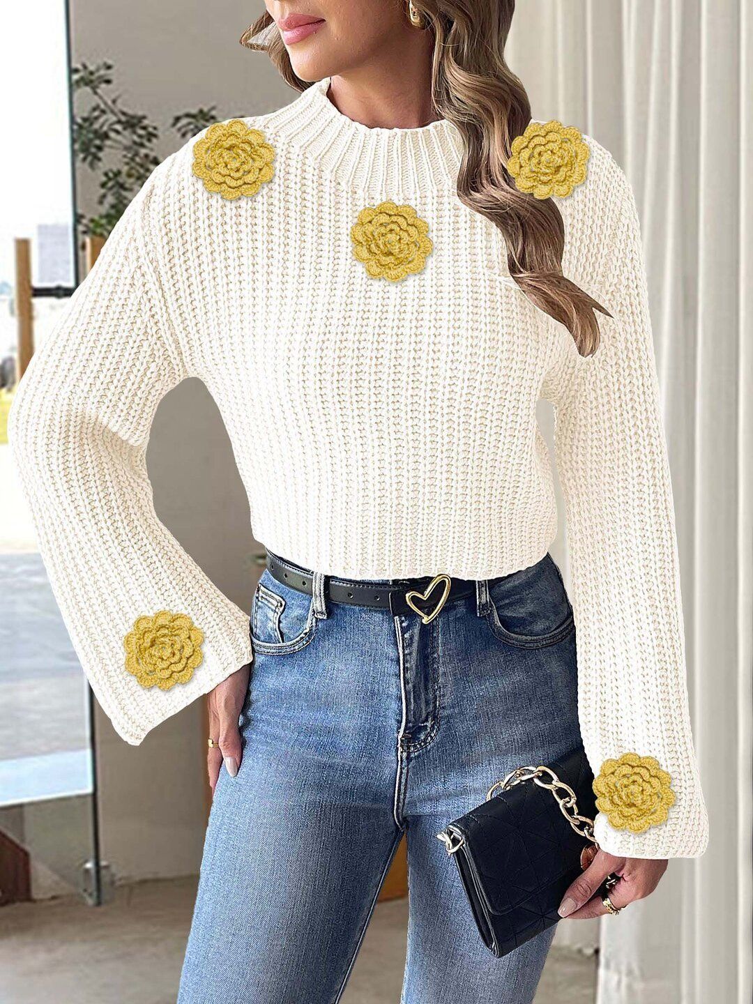 Women Ribbed Crop Pullover with Applique Detail
