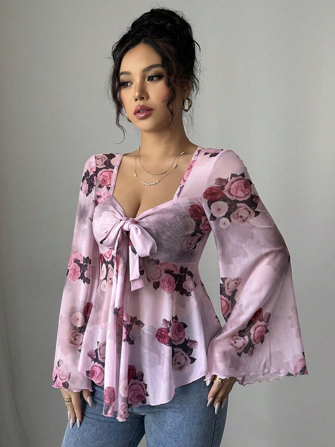 Floral Print Flared Sleeve Top