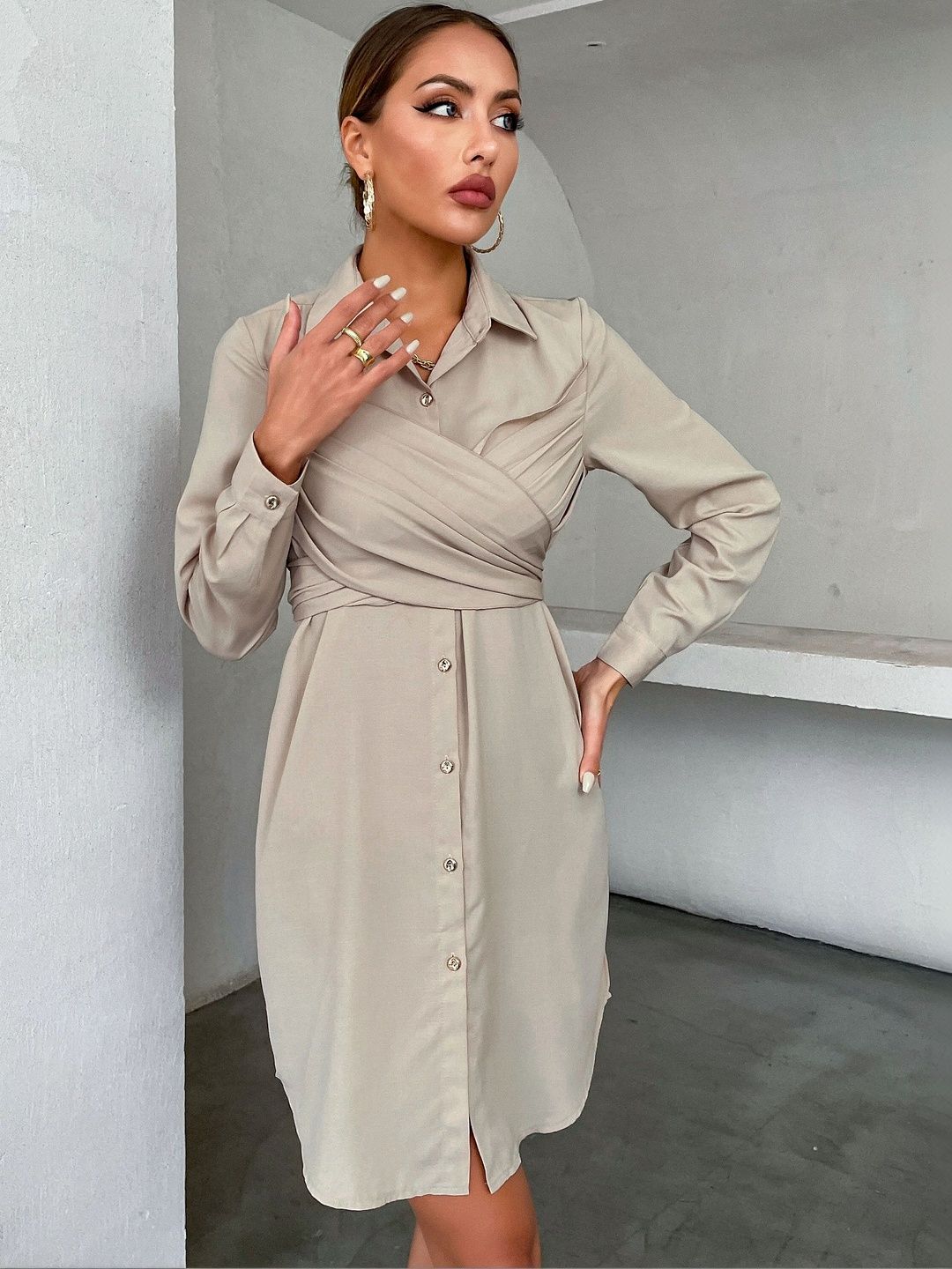 Women's Beige Shirt Dress Blend Printed Regular Fit