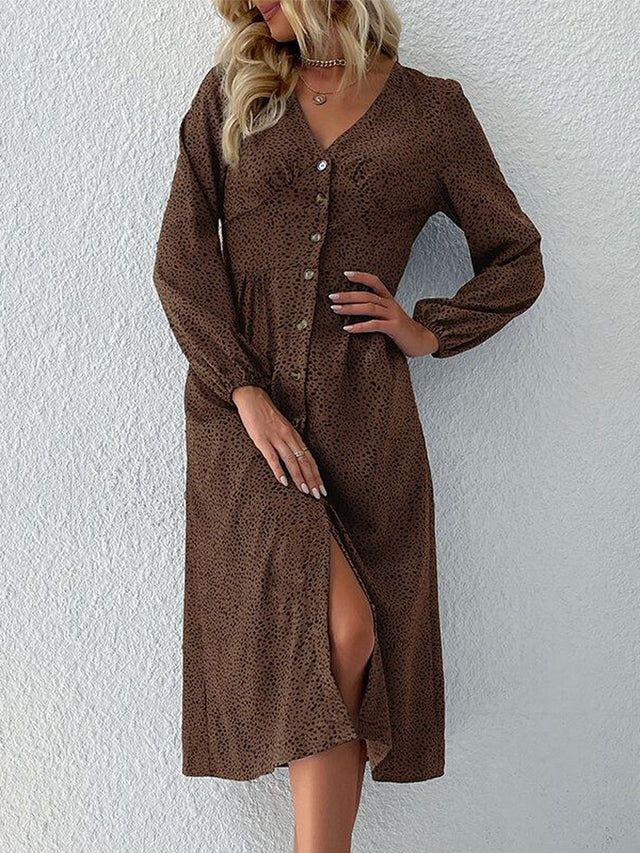 Animal Print A-Line Midi Dress in Brown - Nowi Korean Fashion