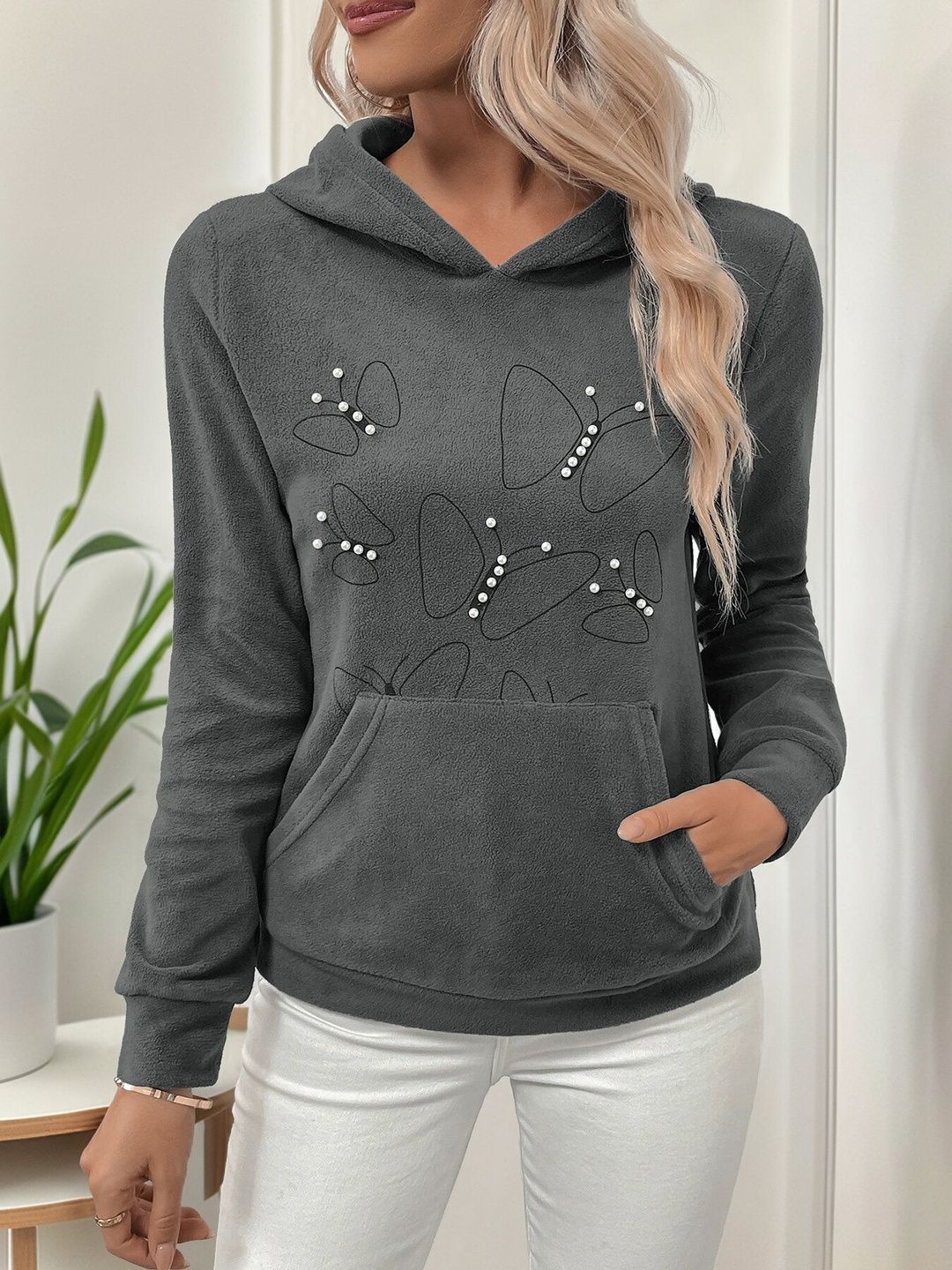 Printed Hooded Sweatshirt in Grey Cotton - Nowi Korean Fashion