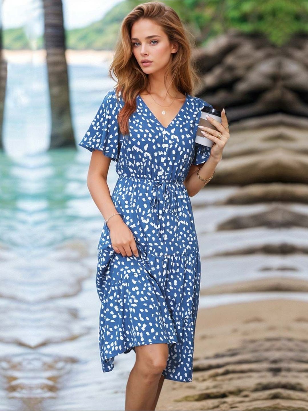 NOWI Print Flutter Sleeve Fit & Flare Midi Dress