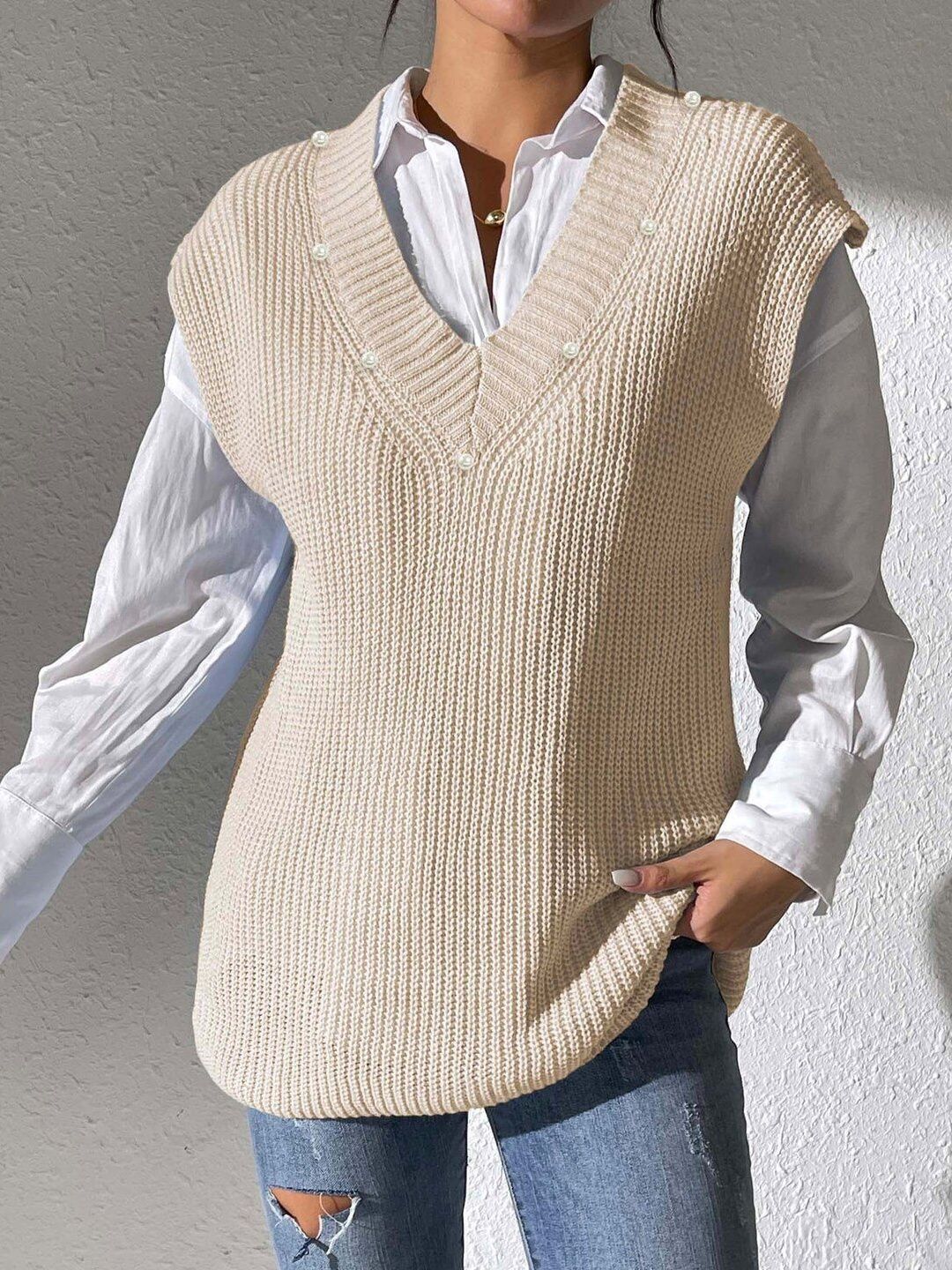 Women Ribbed Sweater Vest with Embellished Detail