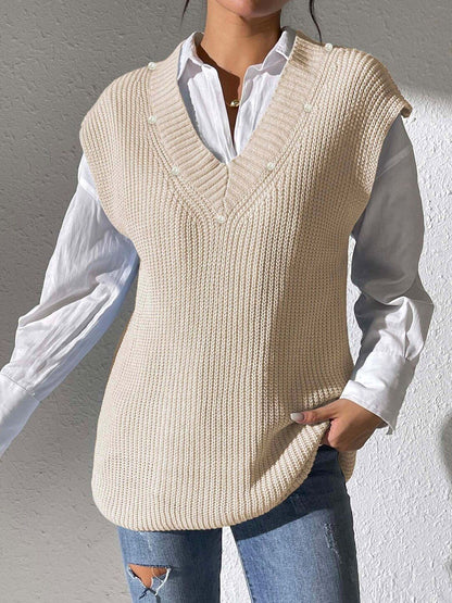 Women Ribbed Sweater Vest with Embellished Detail